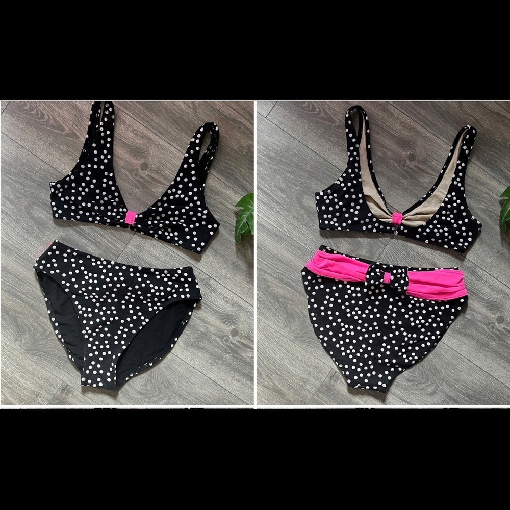 Vintage 80s 90s Gitano Cotton Poly Polka Dot Neon Pink Bow Bikini Barbie